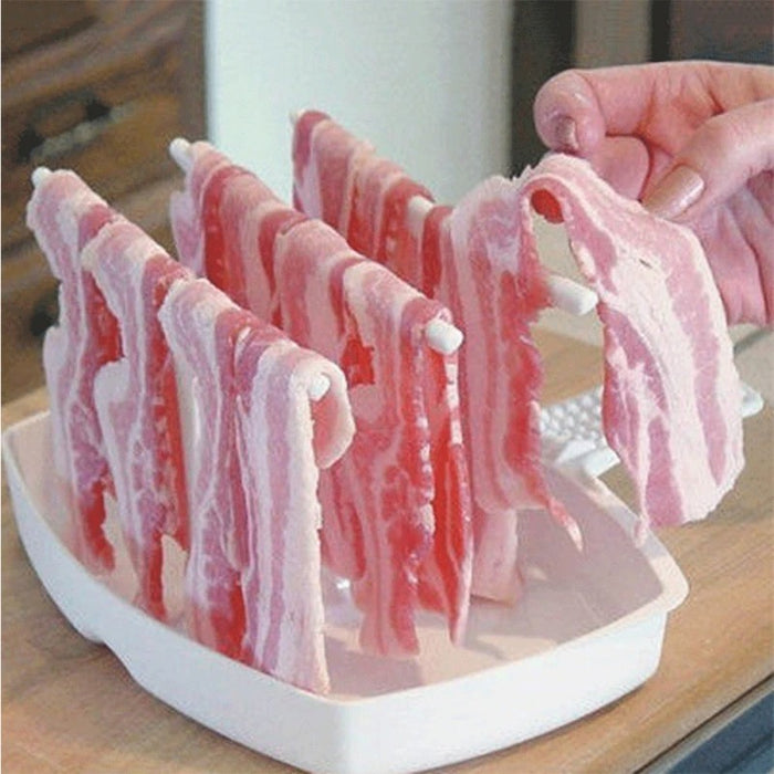 Keto bacon frying microwave rack. Hanging the bacon on he rack ready to place in the microwave for a keto meal
